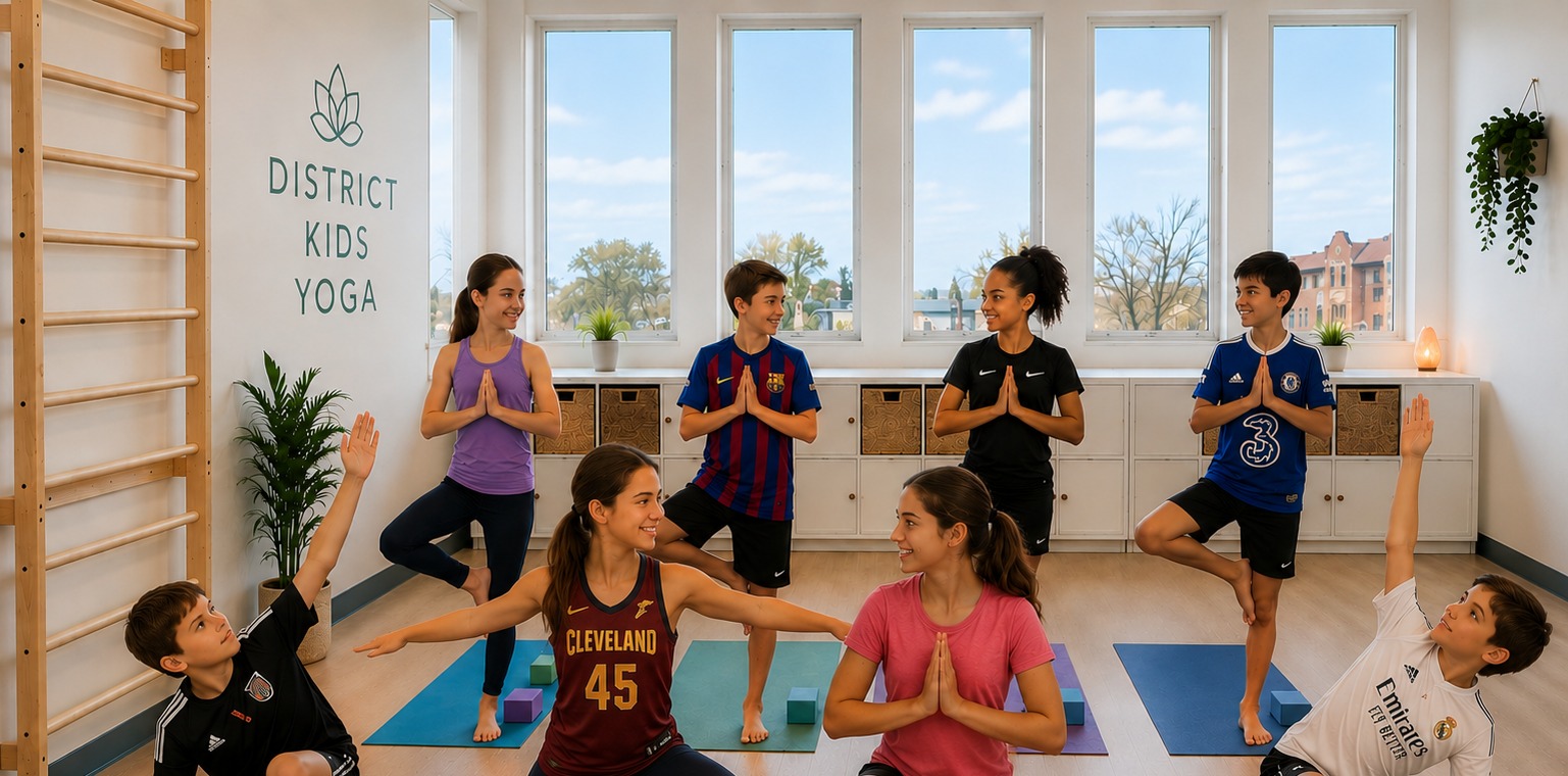 District Kids Yoga students in a bright yoga studio